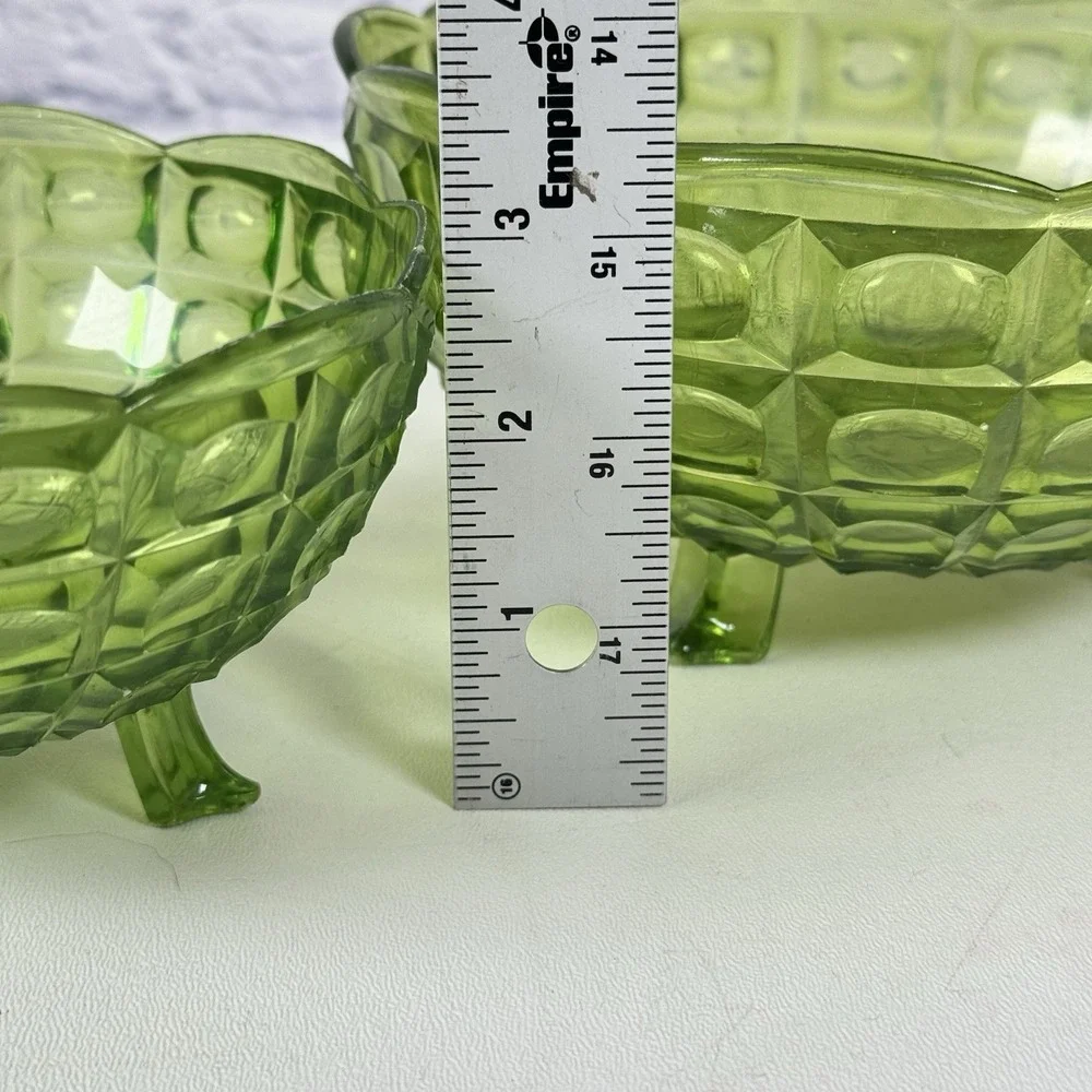 Vtg REGALINE Bowl Dish Set 2 Green Footed Acrylic Block Pattern Mid Century MCM